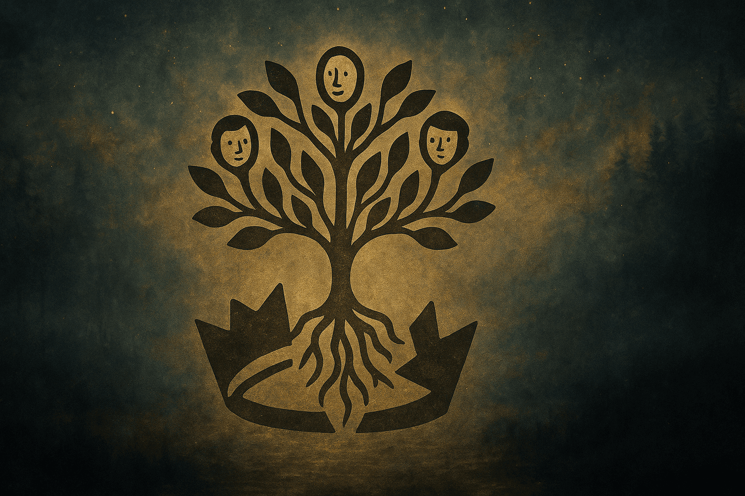 Symbolic tree with faces in branches growing from a broken crown—representing rooted transformation beyond false power.